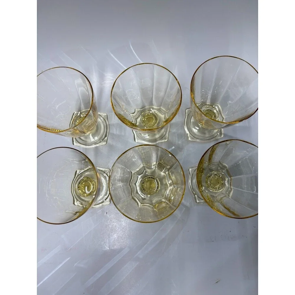 Vintage Heisey Carcassonne Sahara Yellow Footed Goblets Set of 6 Square Fo